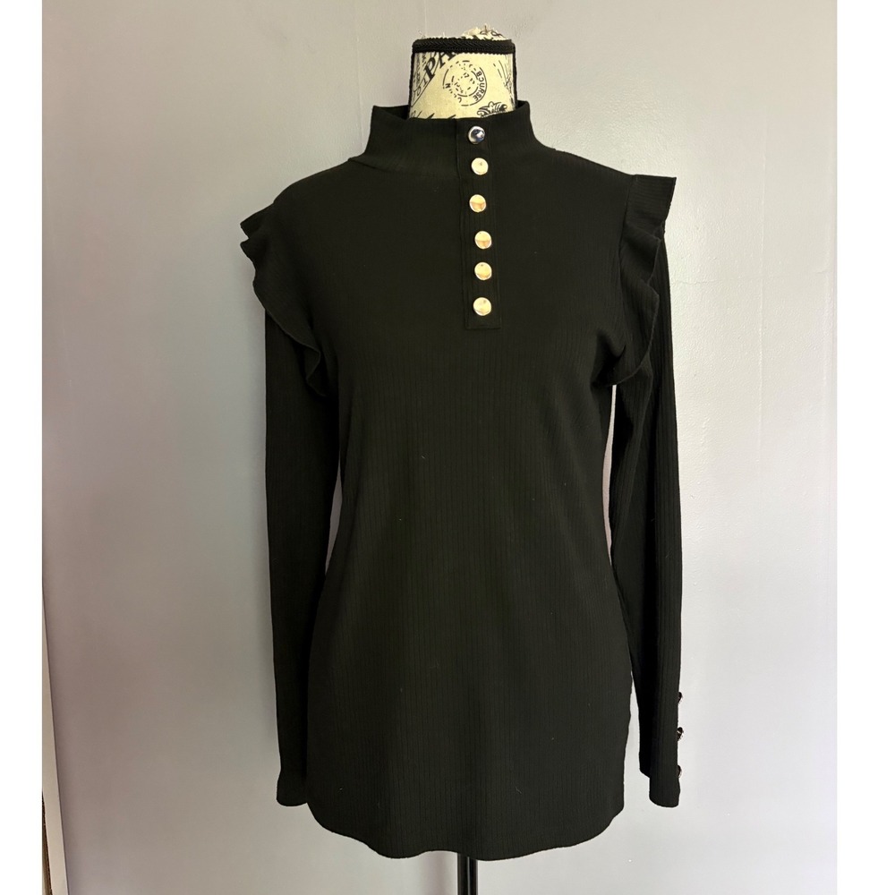 Milan Kiss Black Ribbed Mock Neck Ruffle Shoulder Gold Button Top Large
